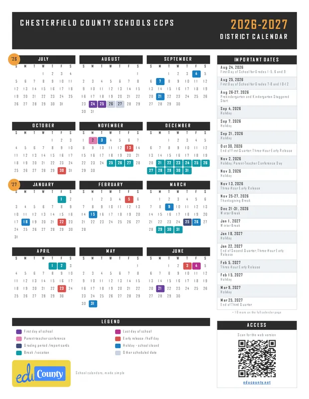 Chesterfield County Schools CCPS printable 2026-27 calendar