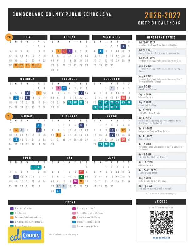 Cumberland County Public Schools printable 2026-27 calendar
