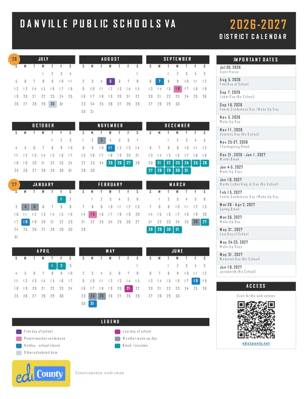 Danville Public Schools printable 2026-27 calendar