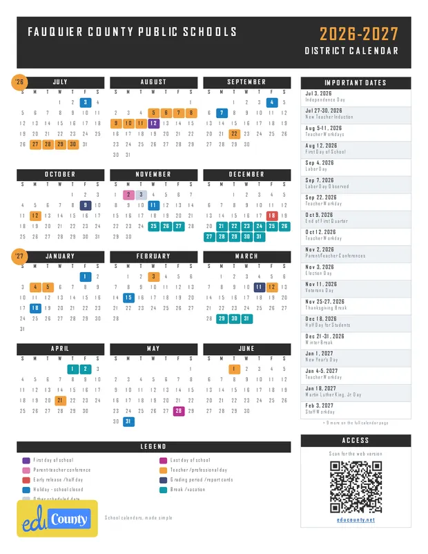 Fauquier County Public Schools printable 2026-27 calendar