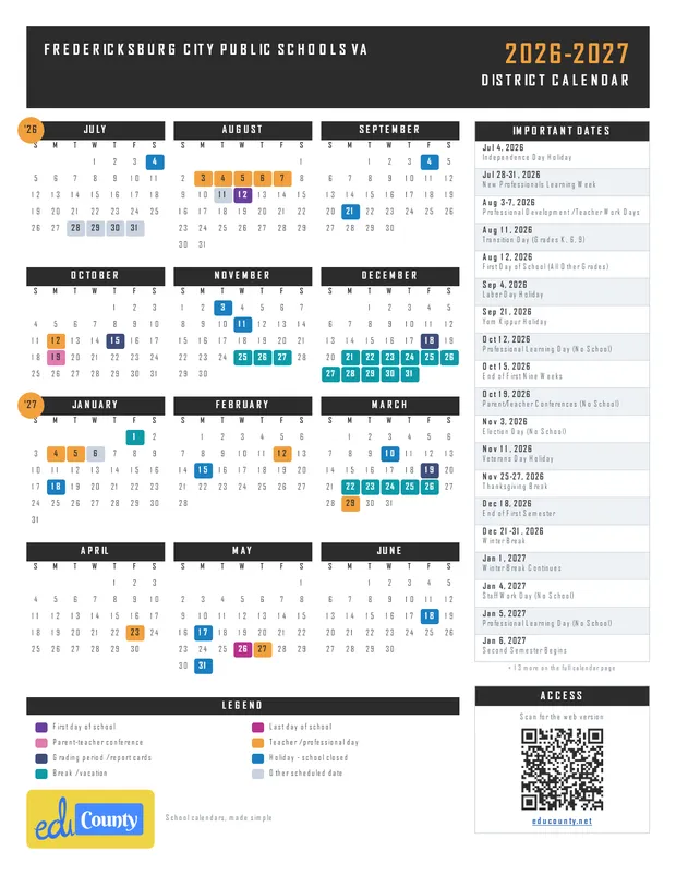Fredericksburg City Public Schools printable 2026-27 calendar