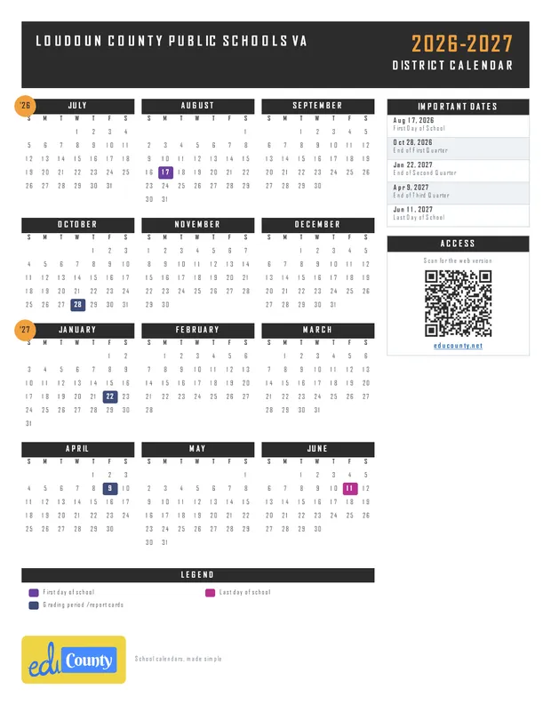 Loudoun County Public Schools printable 2026-27 calendar