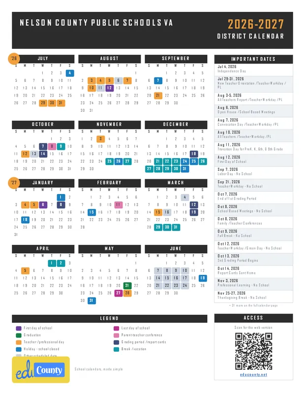 Nelson County Public Schools printable 2026-27 calendar