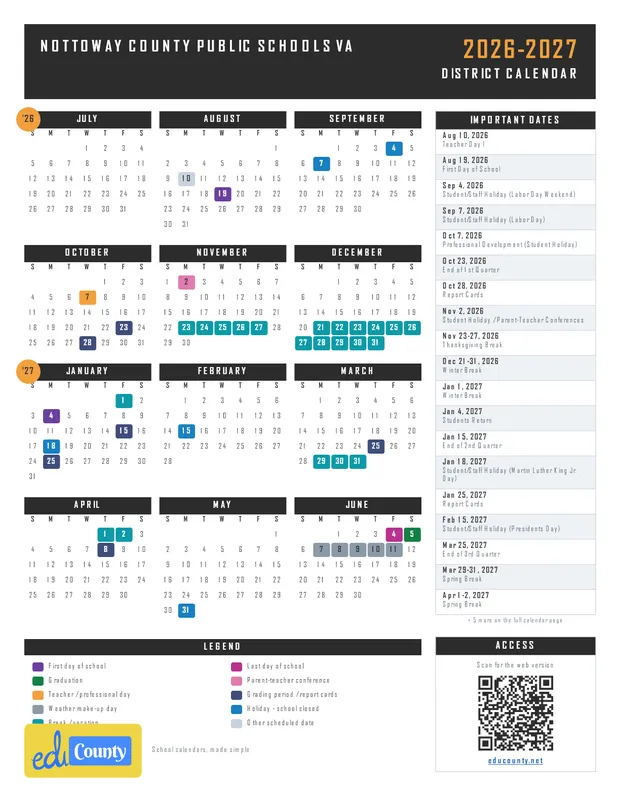 Nottoway County Public Schools printable 2026-27 calendar