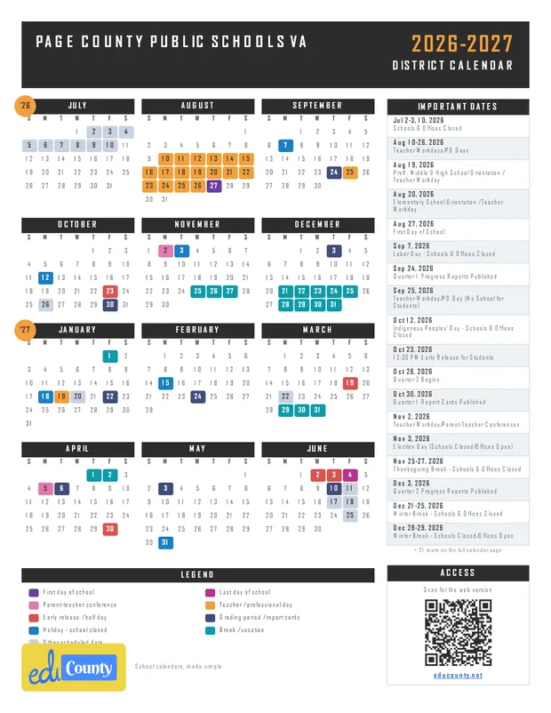 Page County Public Schools printable 2026-27 calendar
