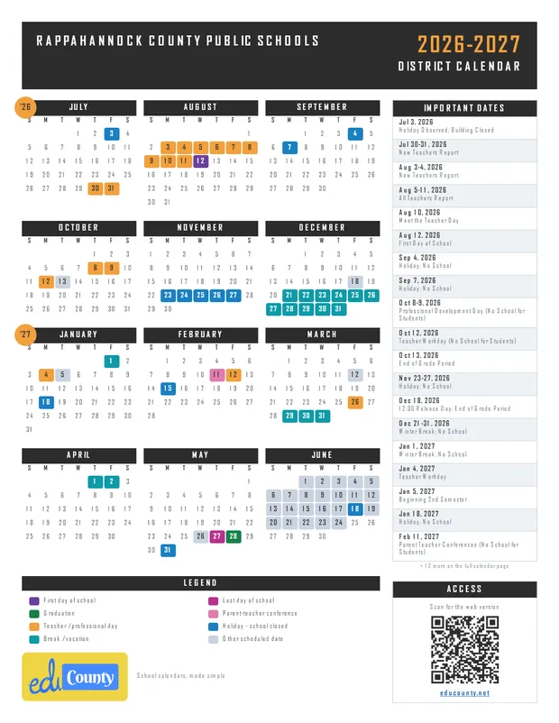 Rappahannock County Public Schools printable 2026-27 calendar