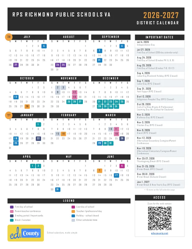 RPS Richmond Public Schools printable 2026-27 calendar