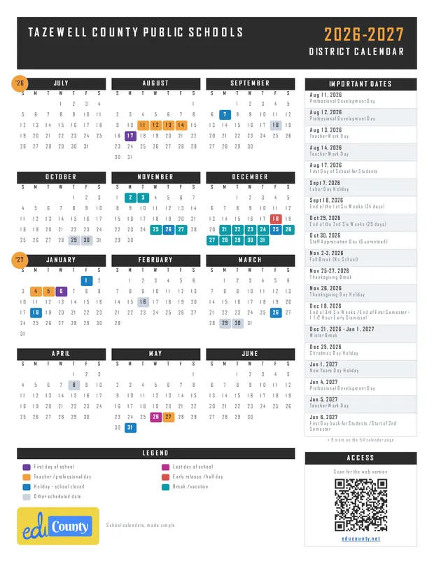 Tazewell County Public Schools printable 2026-27 calendar