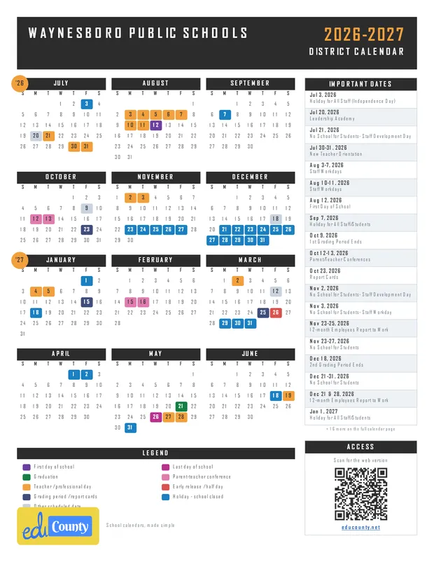 Waynesboro PUBLIC SCHOOLS printable 2026-27 calendar