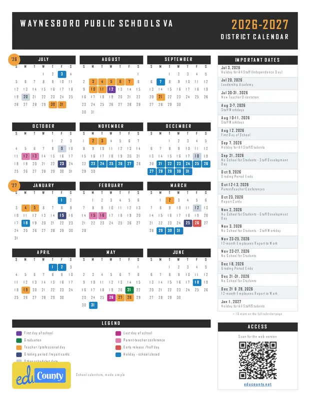 Waynesboro Public Schools printable 2026-27 calendar