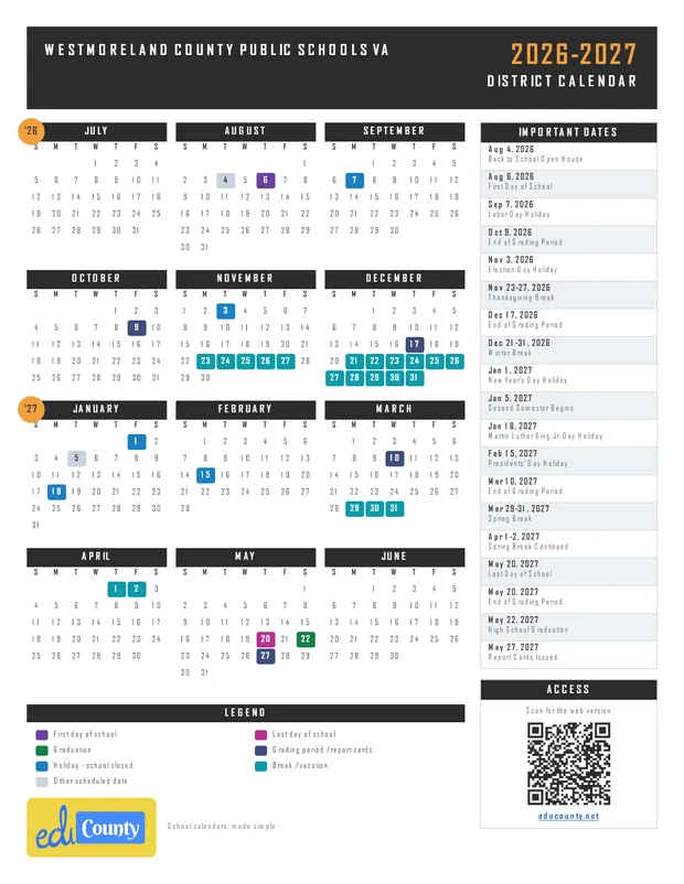 Westmoreland County Public Schools printable 2026-27 calendar