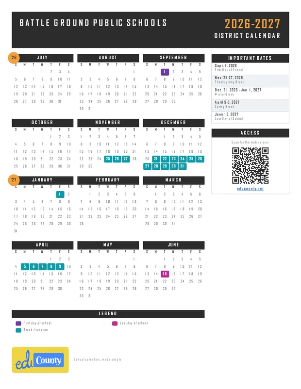 Battle Ground Public Schools printable 2026-27 calendar