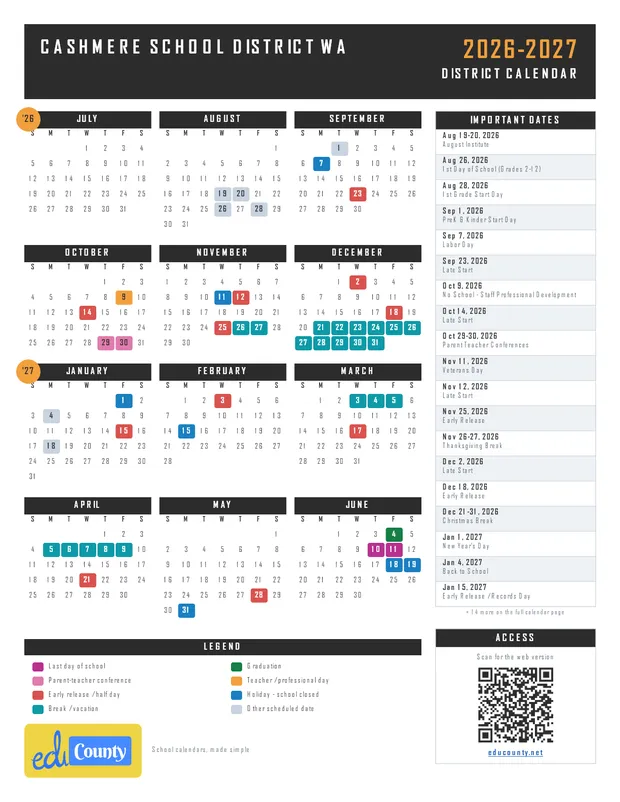 CASHMERE SCHOOL DISTRICT printable 2026-27 calendar