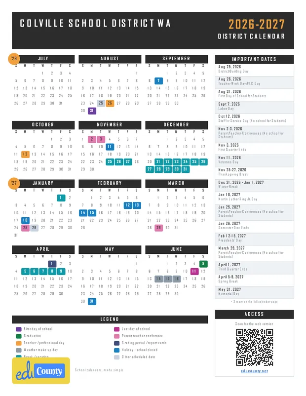 Colville School District printable 2026-27 calendar