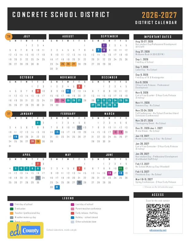 Concrete School District printable 2026-27 calendar
