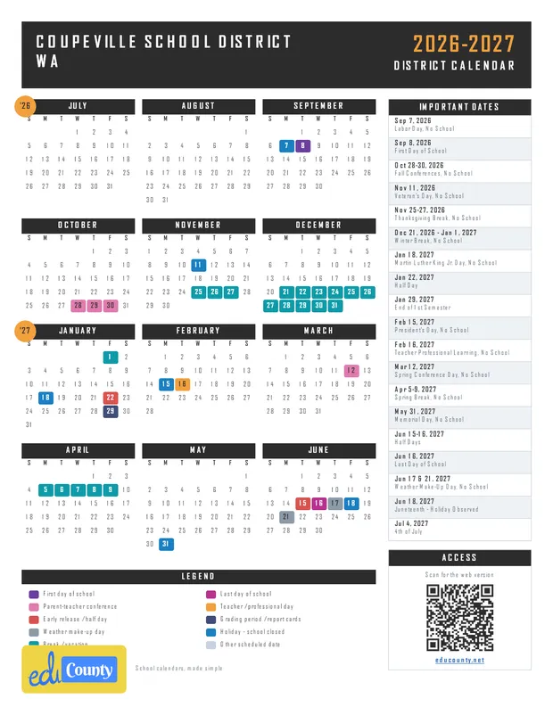 Coupeville School District printable 2026-27 calendar