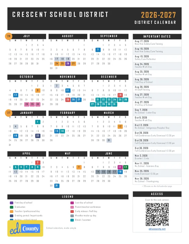 Crescent School District printable 2026-27 calendar