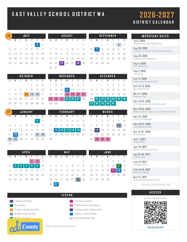 East Valley School District printable 2026-27 calendar