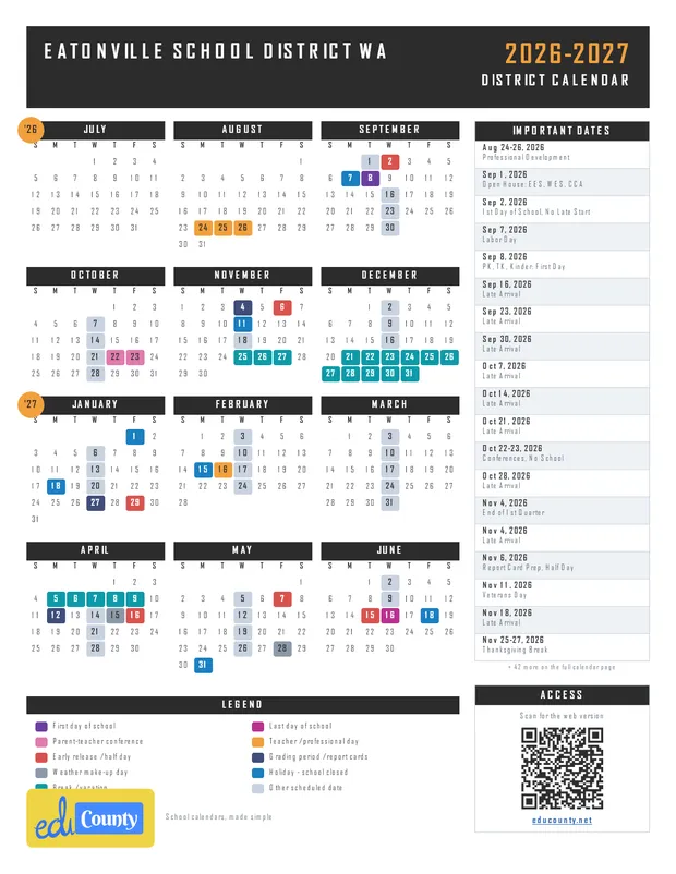 EATONVILLE SCHOOL DISTRICT printable 2026-27 calendar