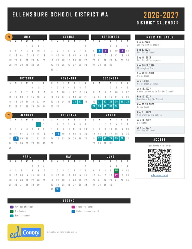 Ellensburg School District printable 2026-27 calendar