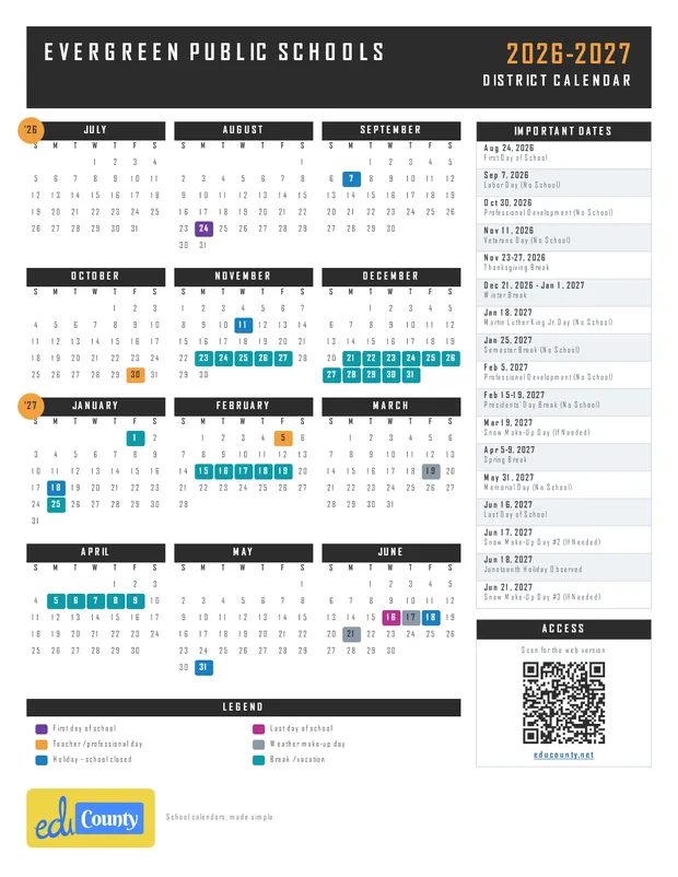 Evergreen Public Schools printable 2026-27 calendar