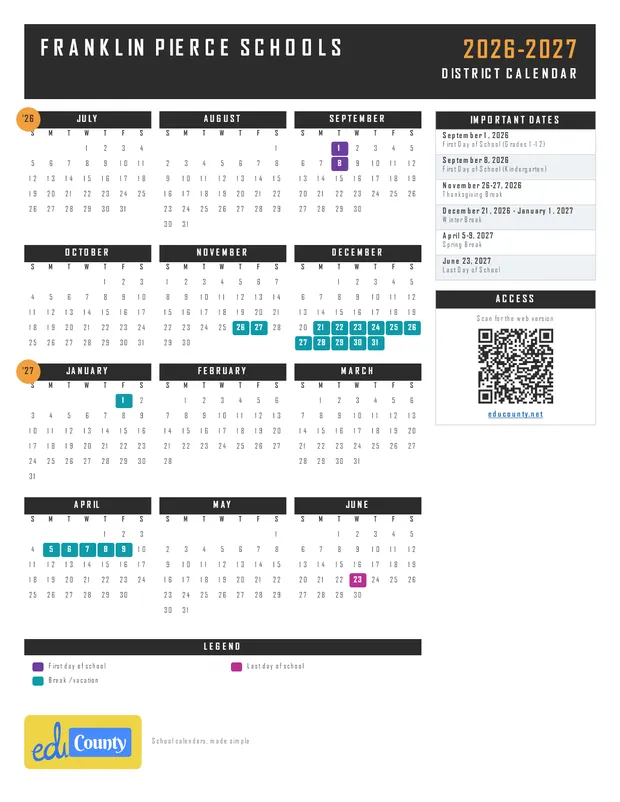 Franklin Pierce Schools printable 2026-27 calendar