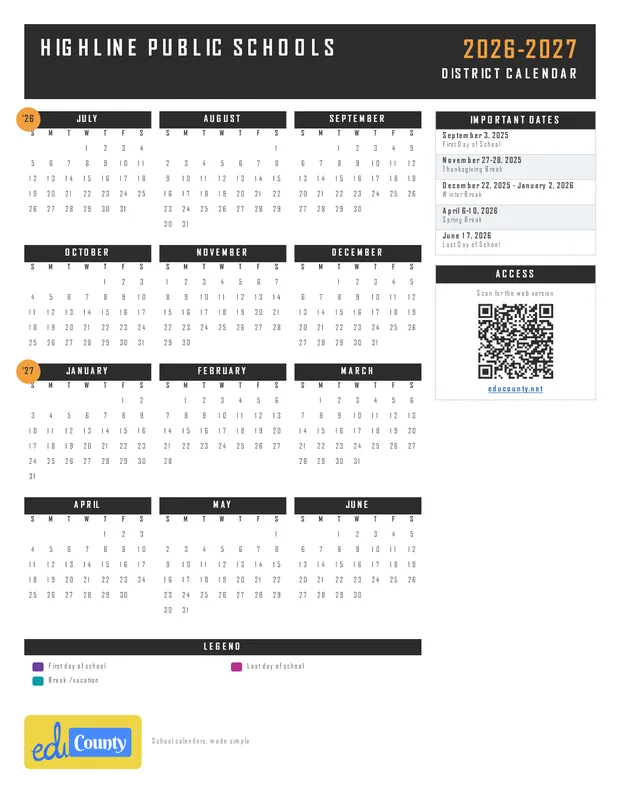 Highline Public Schools printable 2026-27 calendar