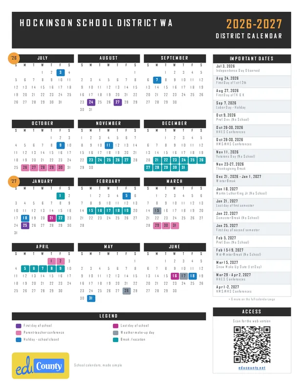 Hockinson School District printable 2026-27 calendar