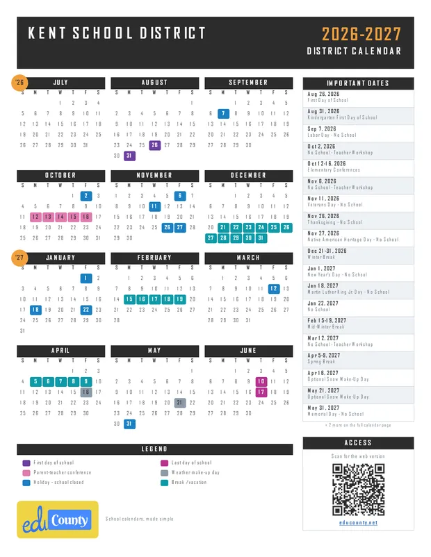 Kent School District printable 2026-27 calendar
