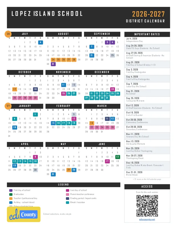 Lopez Island School printable 2026-27 calendar