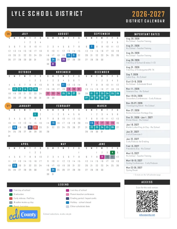 Lyle School District printable 2026-27 calendar