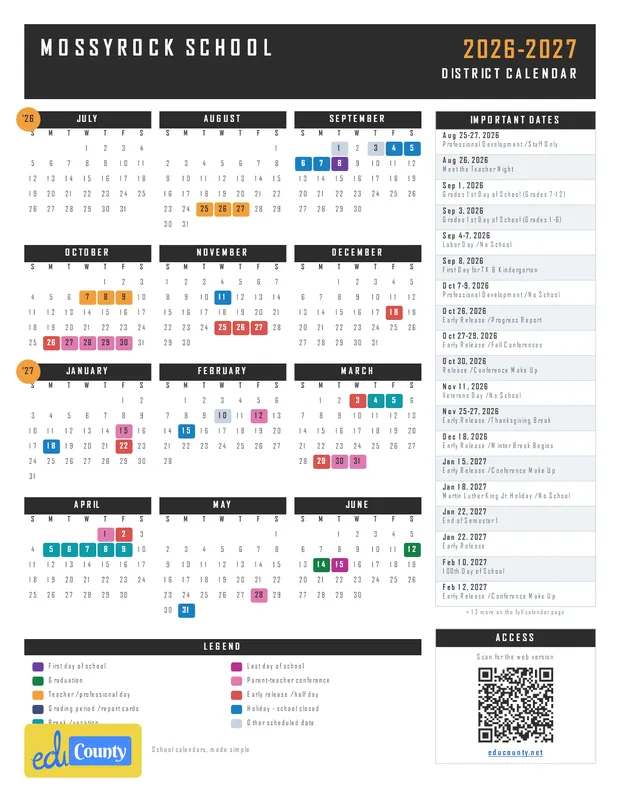 Mossyrock School printable 2026-27 calendar