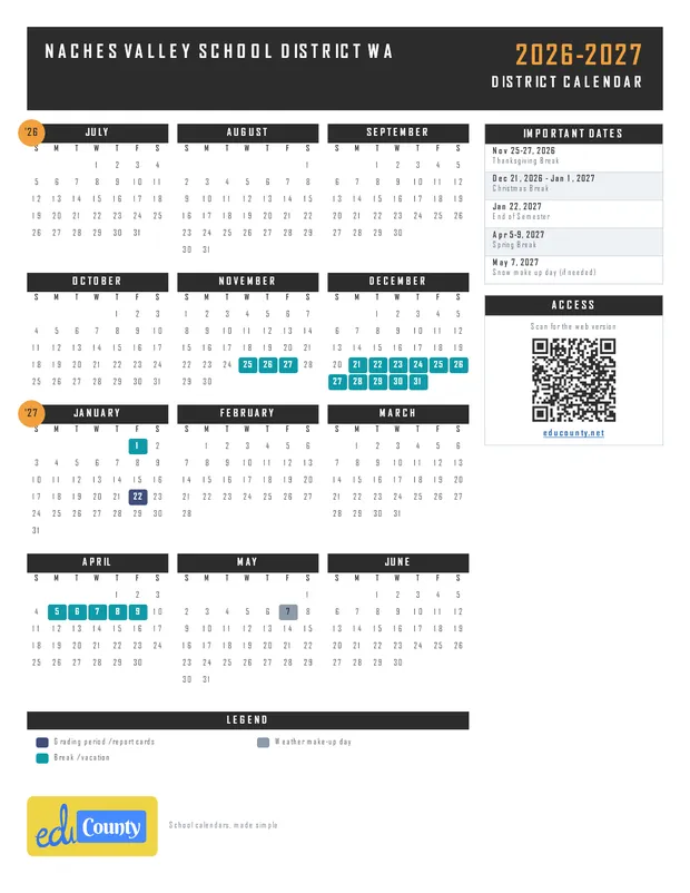 NACHES VALLEY SCHOOL DISTRICT printable 2026-27 calendar