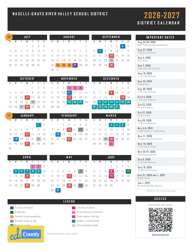 Naselle-Grays River Valley School District printable 2026-27 calendar