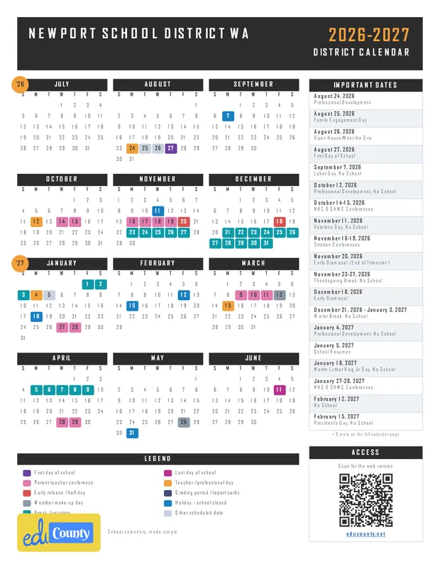 NEWPORT SCHOOL DISTRICT printable 2026-27 calendar