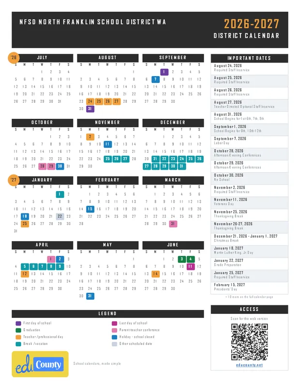 NFSD North Franklin School District printable 2026-27 calendar