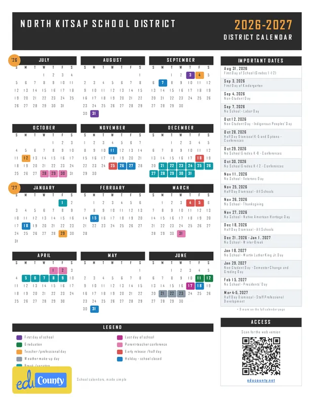 North Kitsap School District printable 2026-27 calendar