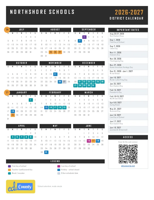 Northshore Schools printable 2026-27 calendar