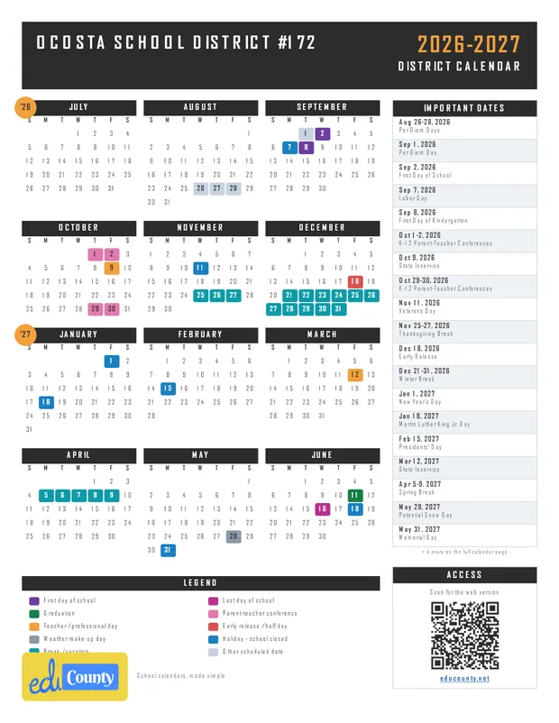 Ocosta School District #172 printable 2026-27 calendar