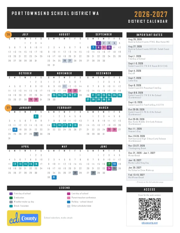 Port Townsend School District printable 2026-27 calendar