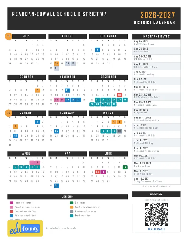 Reardan-Edwall School District printable 2026-27 calendar