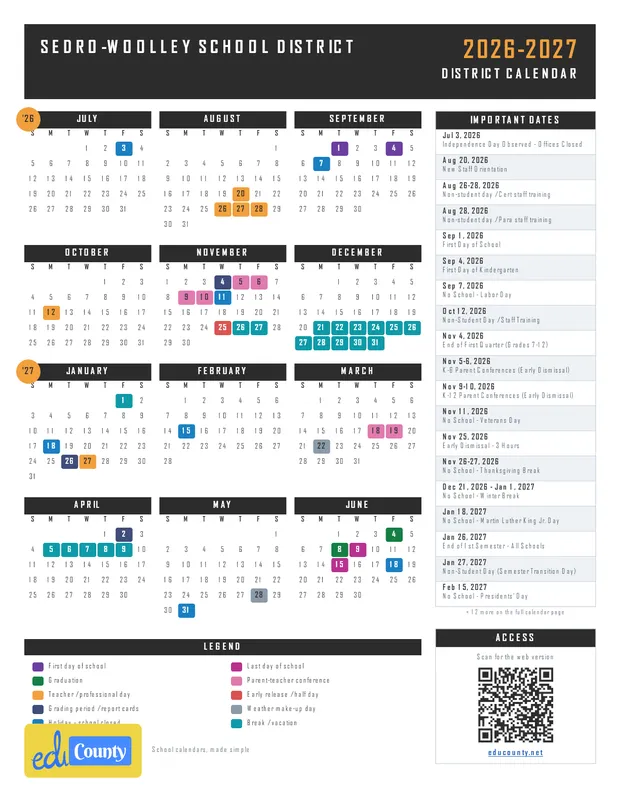 Sedro-Woolley School District printable 2026-27 calendar
