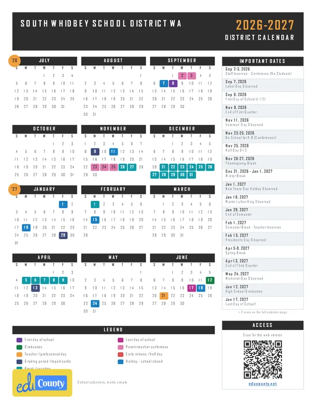 South Whidbey School District printable 2026-27 calendar