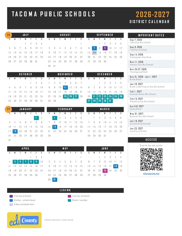 Tacoma Public Schools printable 2026-27 calendar