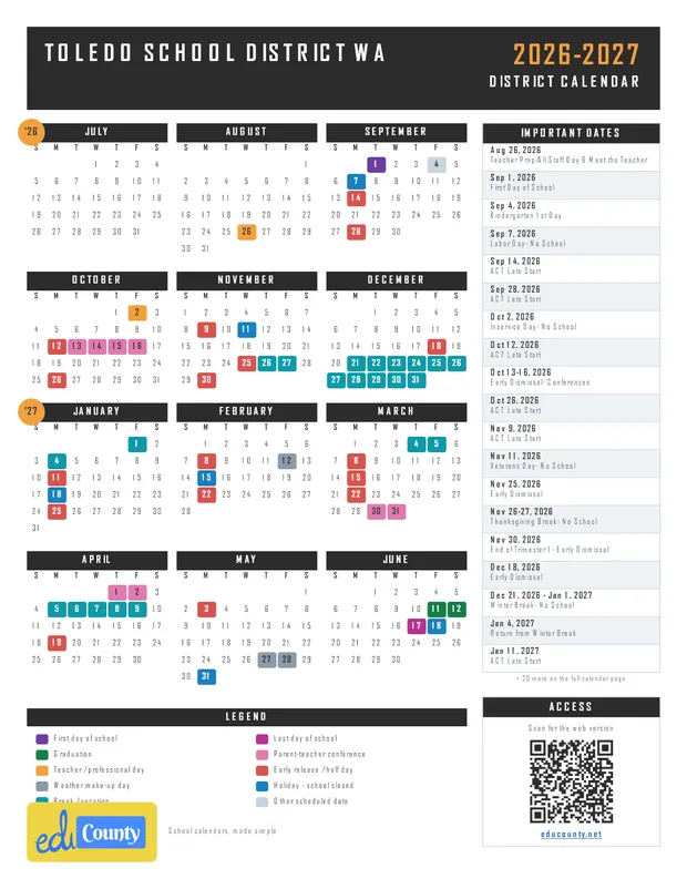 Toledo School District printable 2026-27 calendar