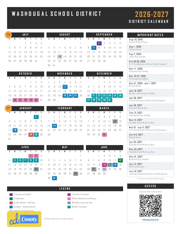 Washougal School District printable 2026-27 calendar