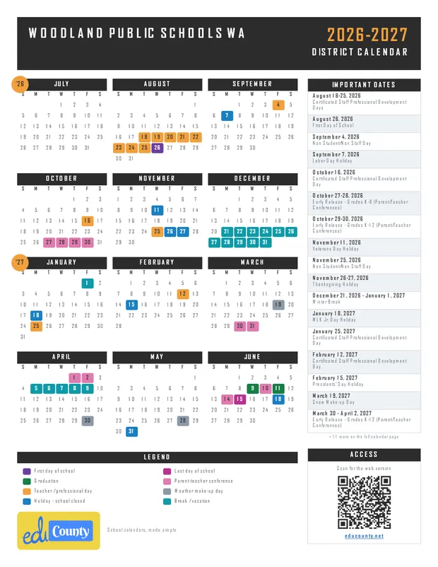 Woodland Public Schools printable 2026-27 calendar