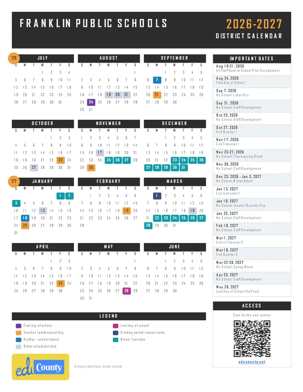 Franklin Public Schools printable 2026-27 calendar
