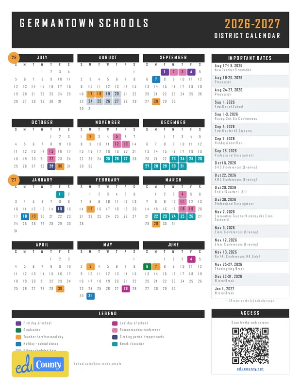 Germantown Schools printable 2026-27 calendar