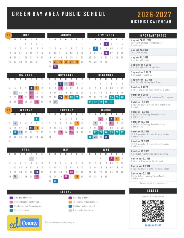 Green Bay Area Public School printable 2026-27 calendar